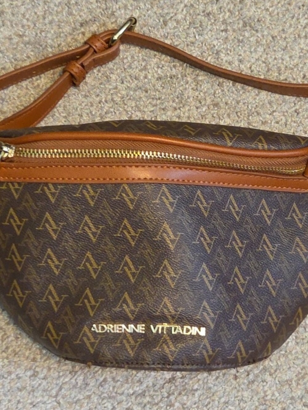 Adrienne Vittadini Brown Monogram Belt Bag with Tan Trim